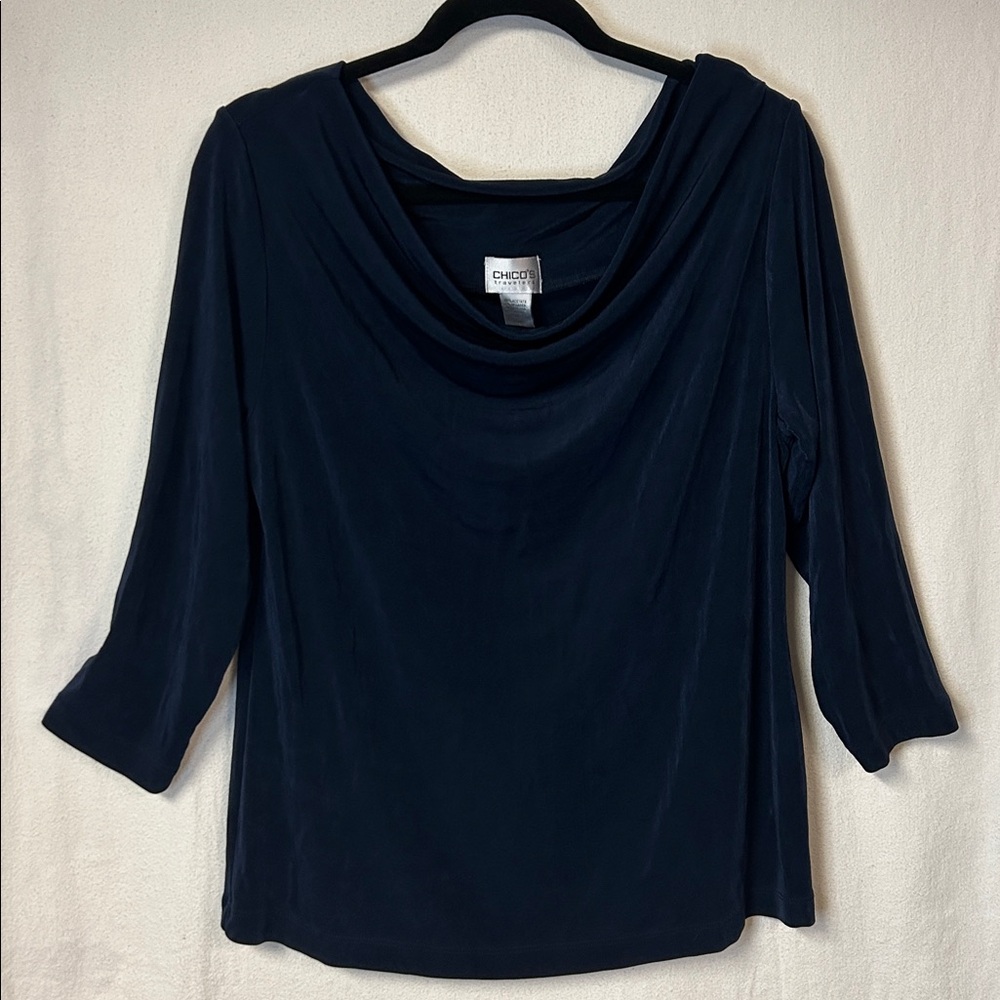Chico's Deep Blue Cowl Neck Top Size 3 (XL) 3/4 Sleeves Slinky Soft